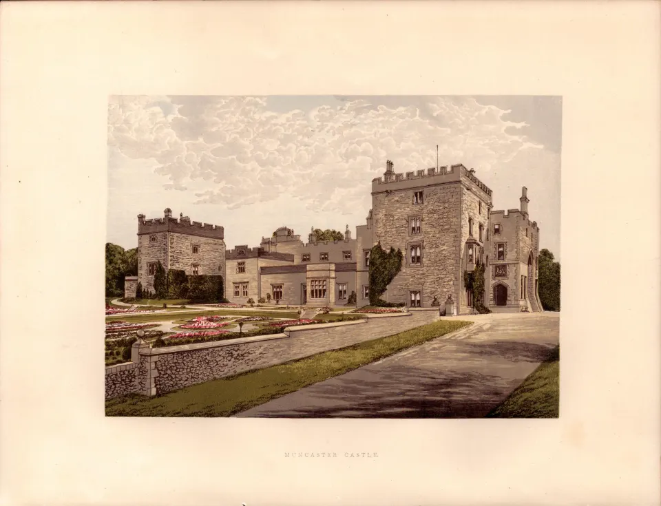 Muncaster Castle Ravenhead Cumbria Gilt-Edge Coloured Antique Book Plate.