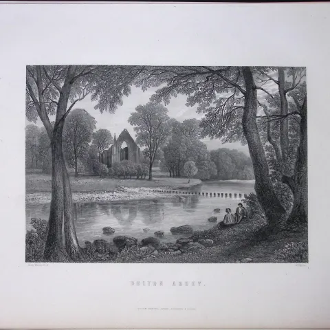Yorkshire View of Bolton Abbey Victorian Antique 150 Years-Old Engraving-19