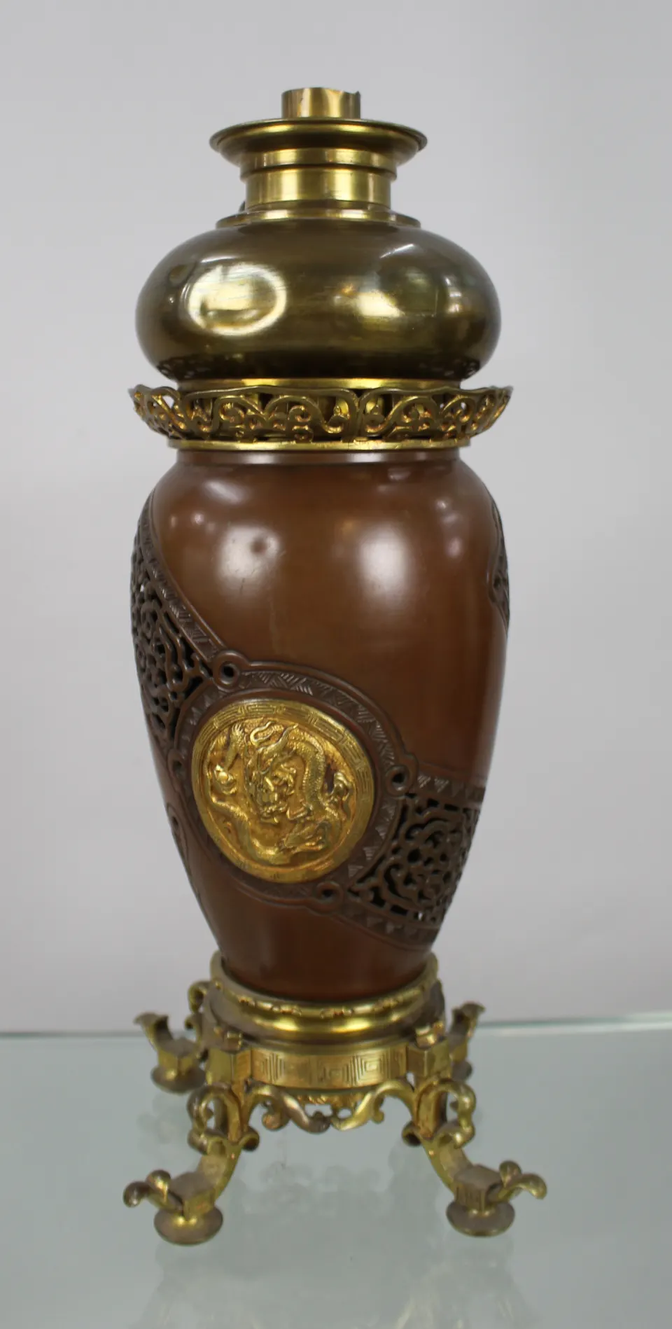 Antique Chinese-Style Bronze Oil Lamp with Gilt Dragon & A.W. Burner
