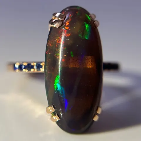 Beautiful Natural Black Opal Ring With Natural Blue Sapphire And 18k Gold