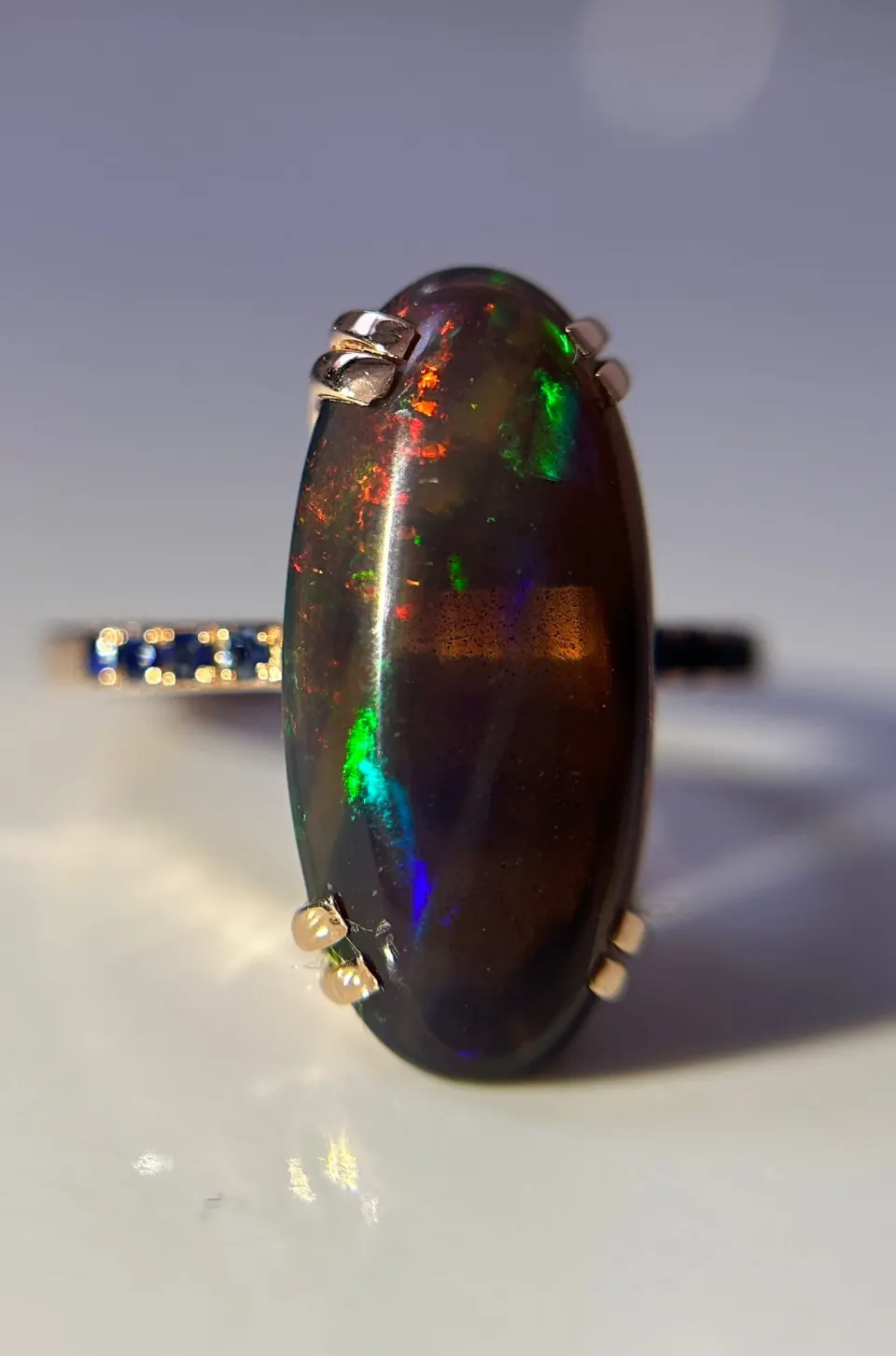 Beautiful Natural Black Opal Ring With Natural Blue Sapphire And 18k Gold