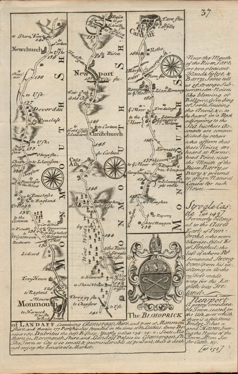 Britannia Depicta E Bowen c1730 Map  Wales Monmouth Newport  Cardiff Llandaff,
