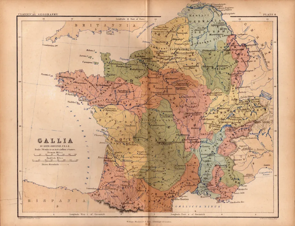 Antique 1867 Coloured Classical Geography Map Gallia.