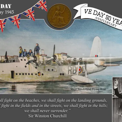 VE Day 80th Anniversary Metal Art Coin Display Sunderland Flying Boat