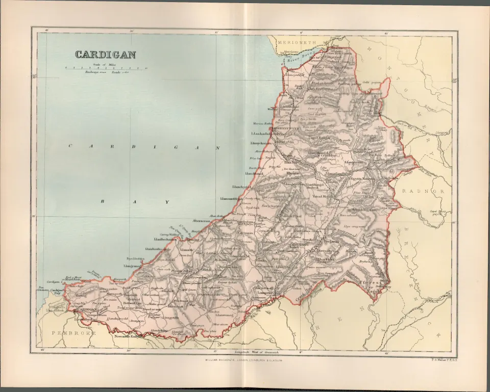 County Of Cardigan Wales Victorian 1894 Coloured Map.
