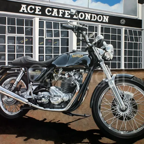 Norton Commando 850 Motorbike Outside Iconic Ace Cafe London Metal Wall Art