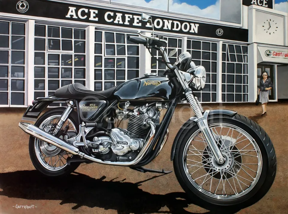 Norton Commando 850 Motorbike Outside Iconic Ace Cafe London Metal Wall Art