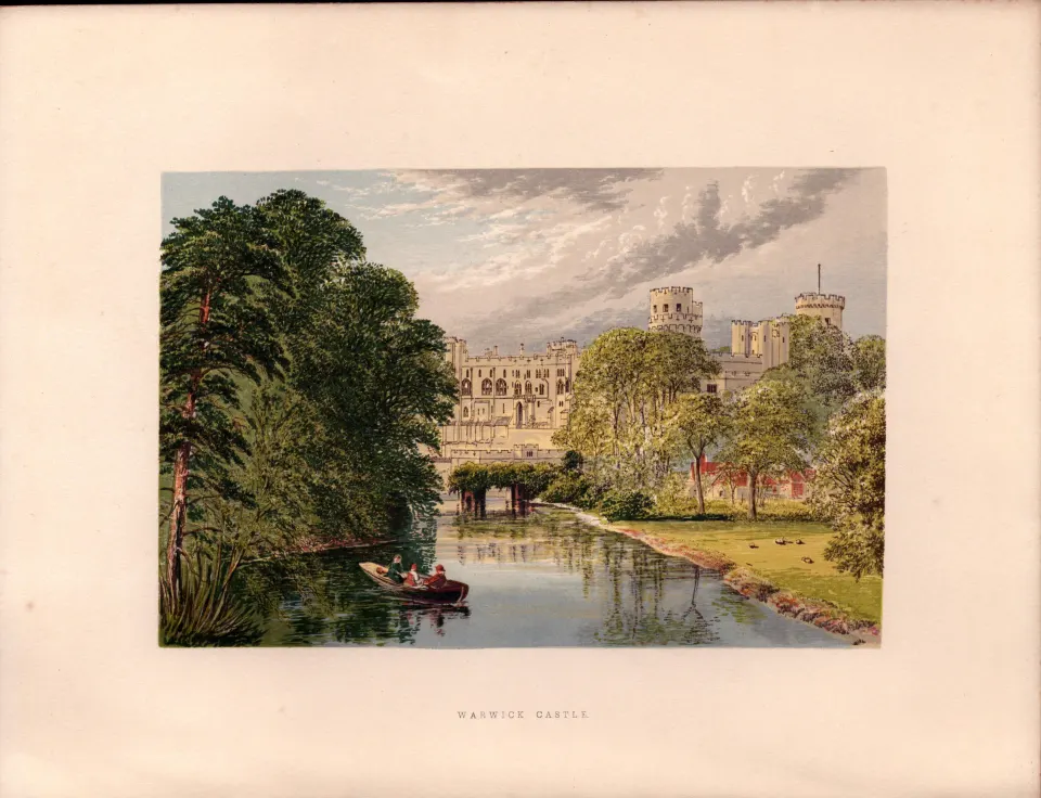 Warwick Castle Warwickshire  Gilt-Edge Coloured Antique Book Plate.