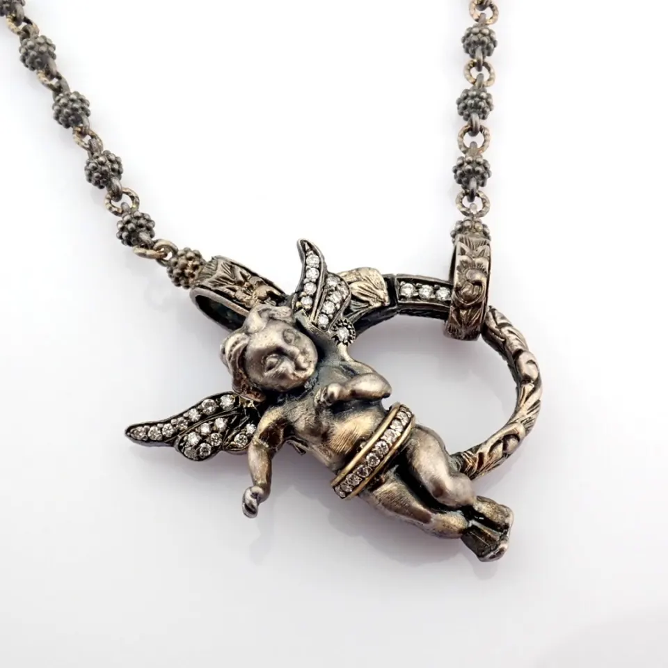 Angel Necklace Detailed With Brilliant Diamonds and Gold On Silver, Can Also Be Used As A Clasp