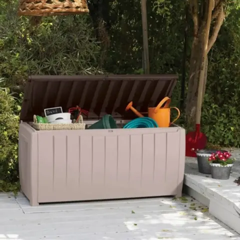 (106/Mez/1E) RRP £79. Keter Novel Plastic Outdoor Garden Storage Box 340L Beige/ Brown. Elegant & C