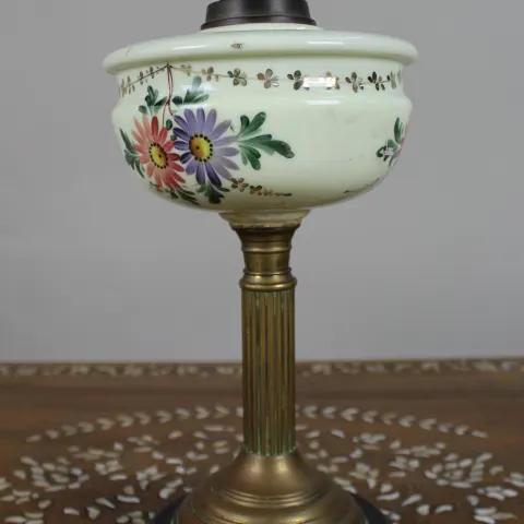 Victorian Oil Lamp with Hand-Painted Floral Font, c.1880