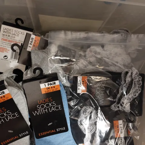 Box of 24 Pairs of Socks, Blue, Grey and Black With Lace Edging