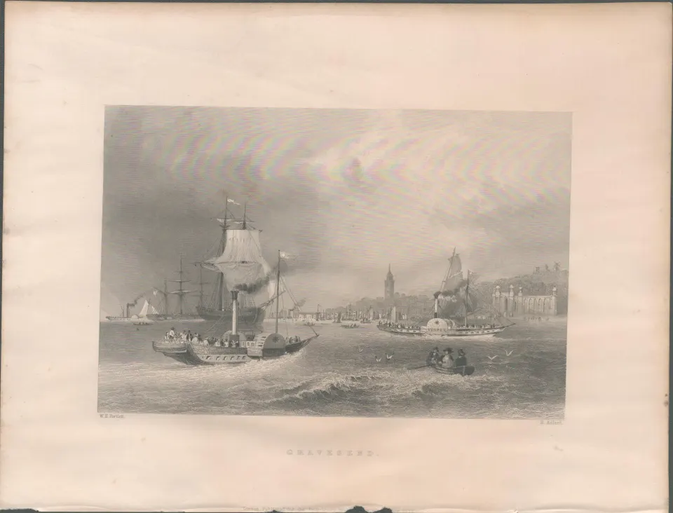Gravesend Kent View of the Town Antique WH Bartlett 1842 Steel Engraving.