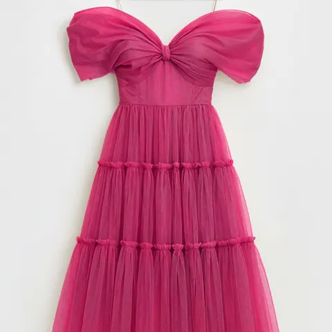 Designer White Label Dress Midi Off-Shoulder Tulle Cyclamen RRP £775 Size 38 (M)