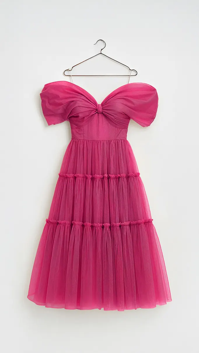 Designer White Label Dress Midi Off-Shoulder Tulle Cyclamen RRP £775 Size 38 (M)