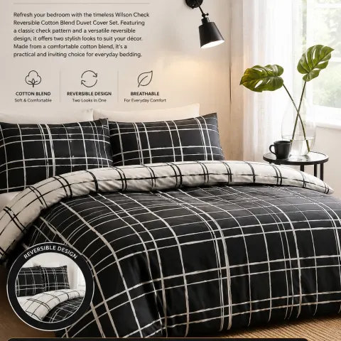 Wilson Check Reversible Cotton Blend Duvet Cover Set | Black & White Super King Size