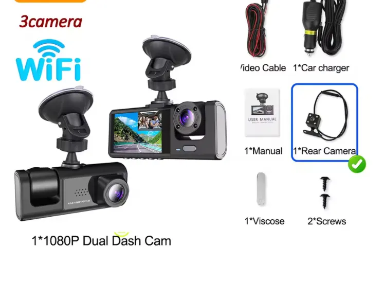 3-Lens HD WiFi Dash Cam – Smarter, Clearer, Safer Driving From Every Angle!
