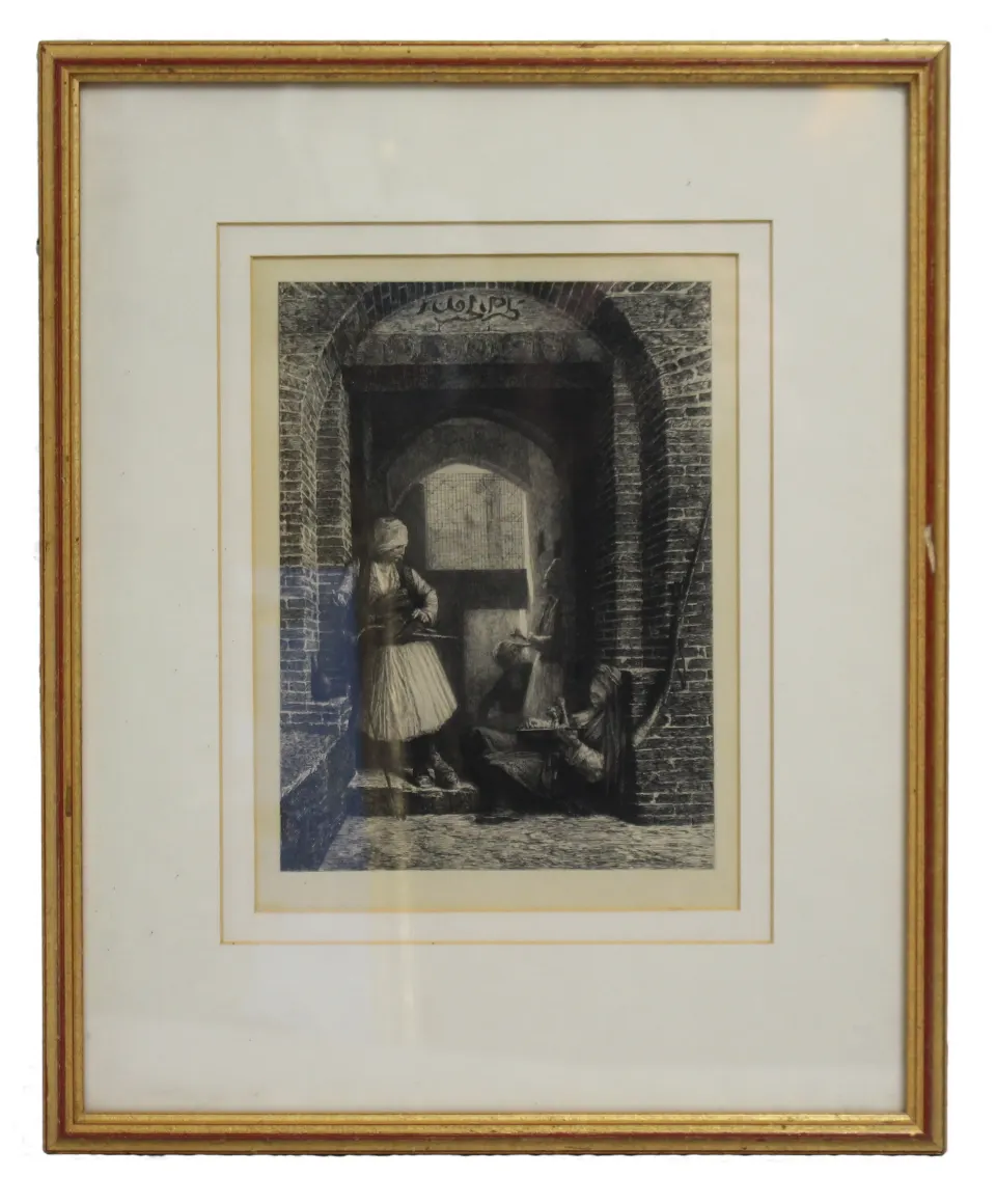 Victorian Etching of Orientalist Scene in Gilt Frame, c.1880