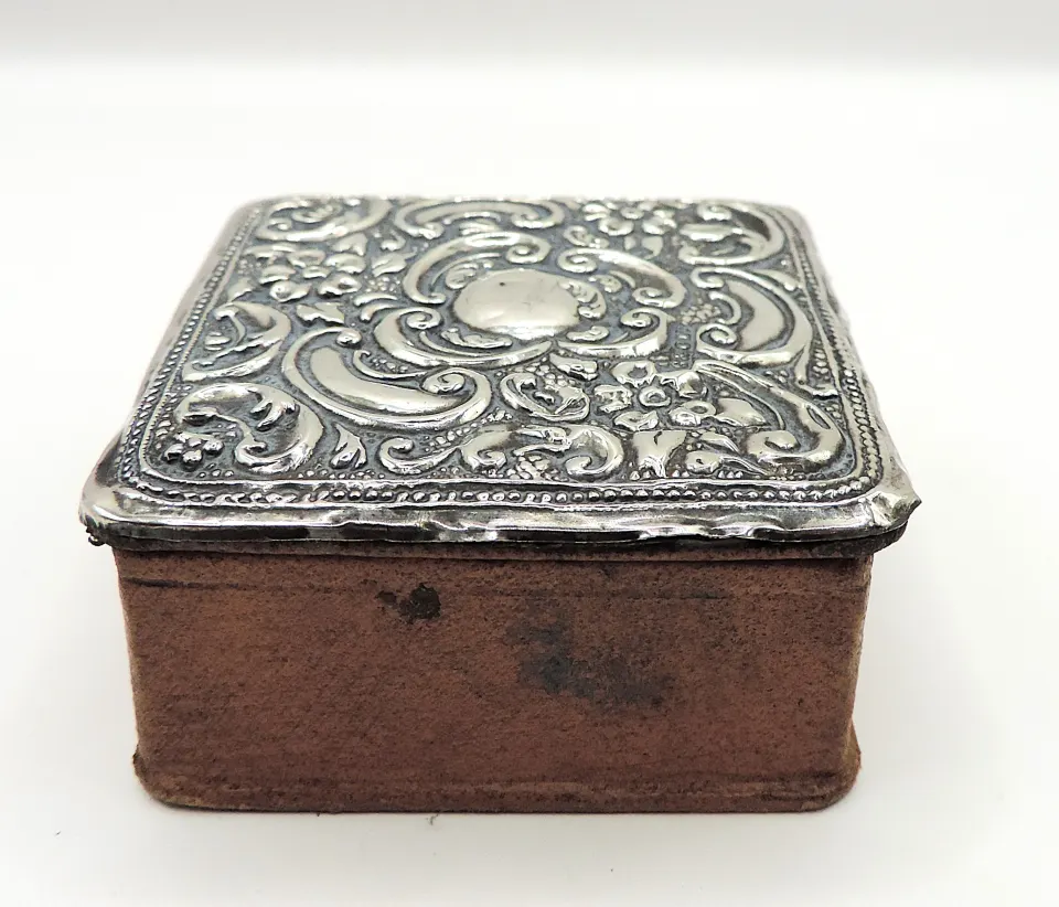 Antique Leather Box With Sterling Silver Lid