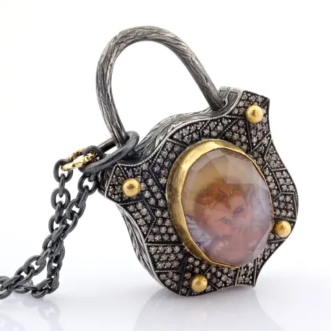 Convertible Clasp Necklace W/ Gold, Topaz W/ Reverse Engraved Intaglio Angel and Diamonds On Silver