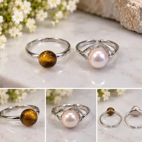 Set of 2 Sterling Silver 925 Rings – Pearl & Tiger Eye
