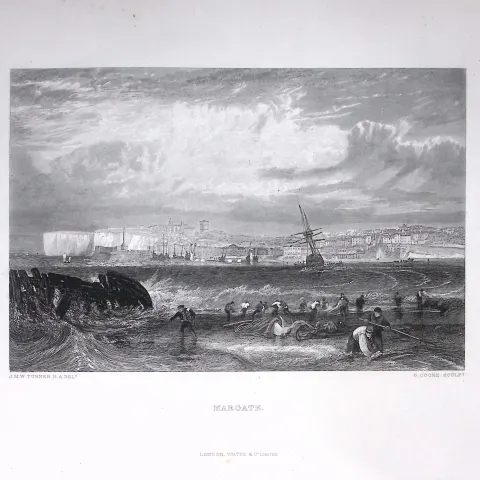 J.M.W Turner View of Margate Town & Beach Antique Steel Engraving-85-TR