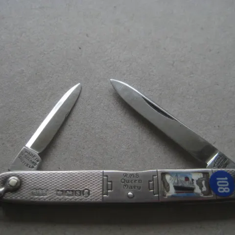George V RMS Queen Mary Silver Hafted Twin Steel Bladed Folding Penknife