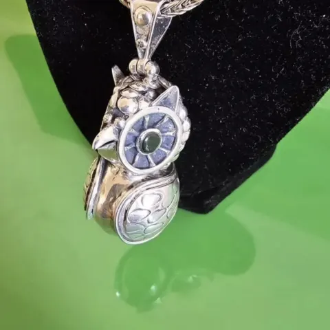 Rare Unusual Statement Solid Sterling Silver Large Heavy Owl Pendant Necklace 47g L25”
