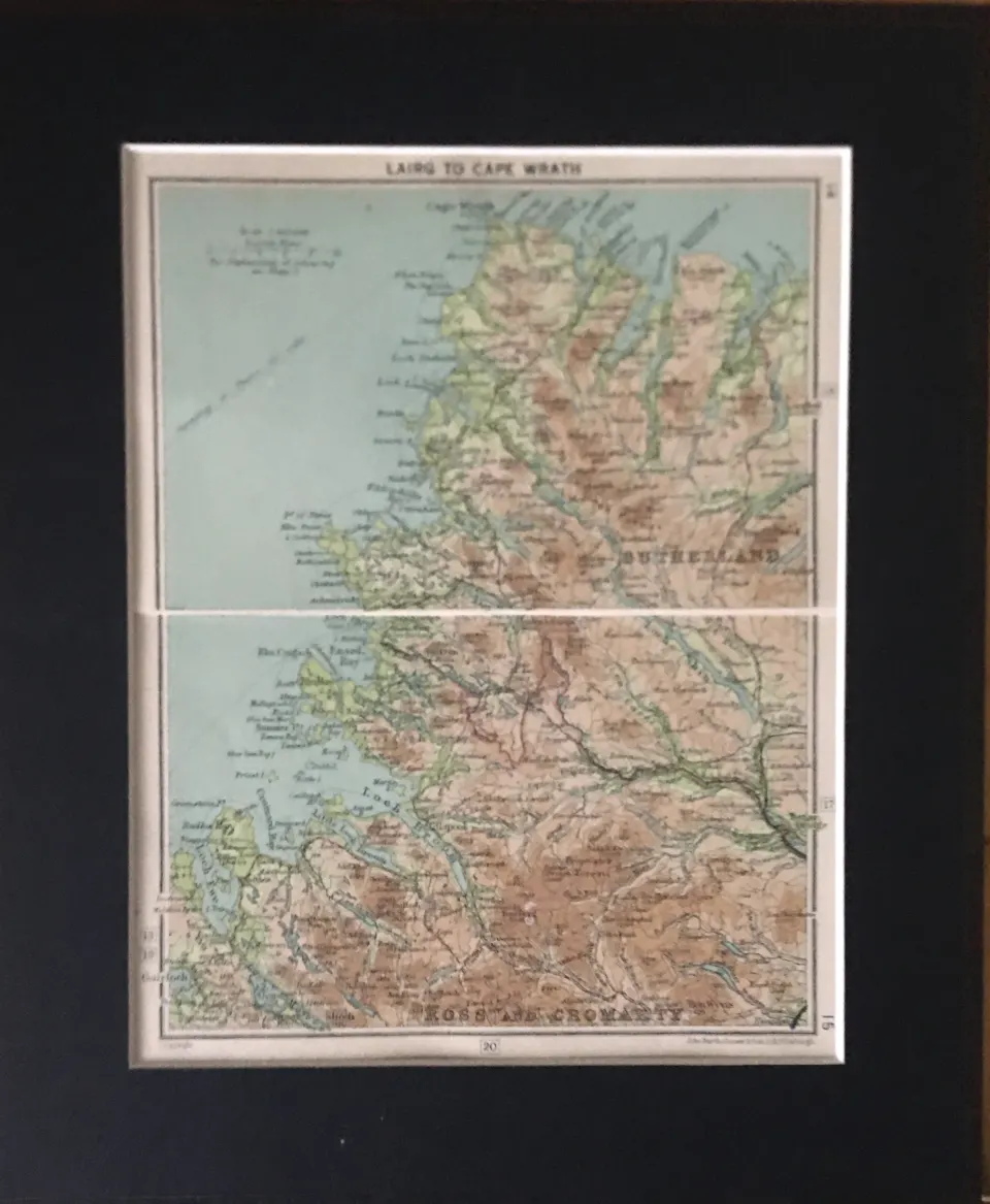 Lairg To Cape Wrath Scotland Coloured Mounted Antique Map.