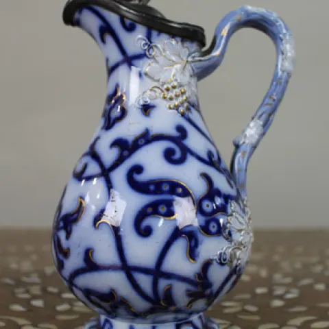 Victorian Flow Blue Relief-Moulded Jug with Pewter Lid, c.1850