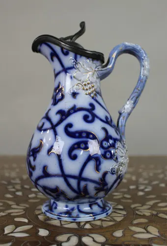 Victorian Flow Blue Relief-Moulded Jug with Pewter Lid, c.1850