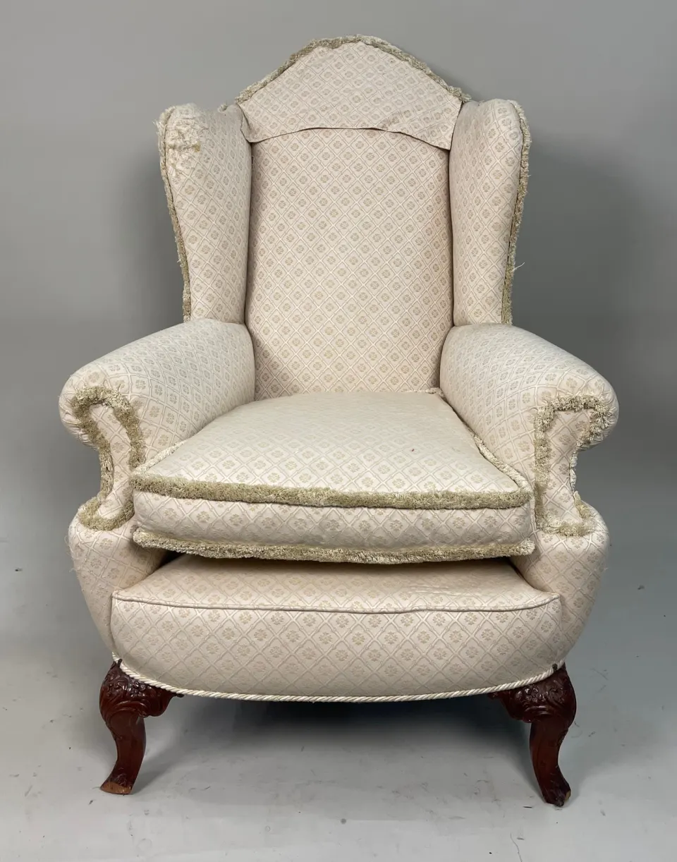 Vintage Upholstered Wingback Armchair with Carved Mahogany Legs – For Reupholstery