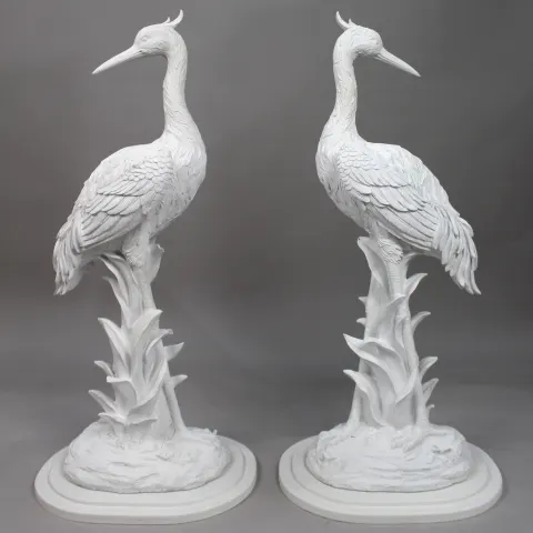 Pair of White Pained Composite Crane Bird Sculptures