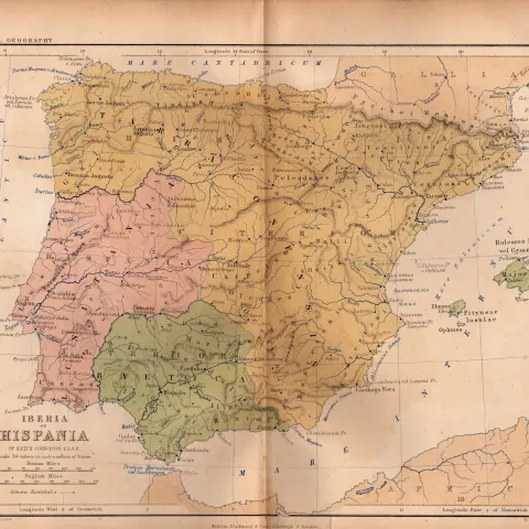 Antique 1867 Coloured Classical Map Iberia Or Hispania.