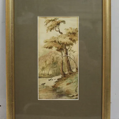 Early 20th c.  Watercolour Tree by River Bank