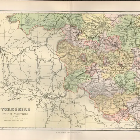 Yorkshire Holmfirth Halifax Elland Skipton 1894 Coloured Antique Map.
