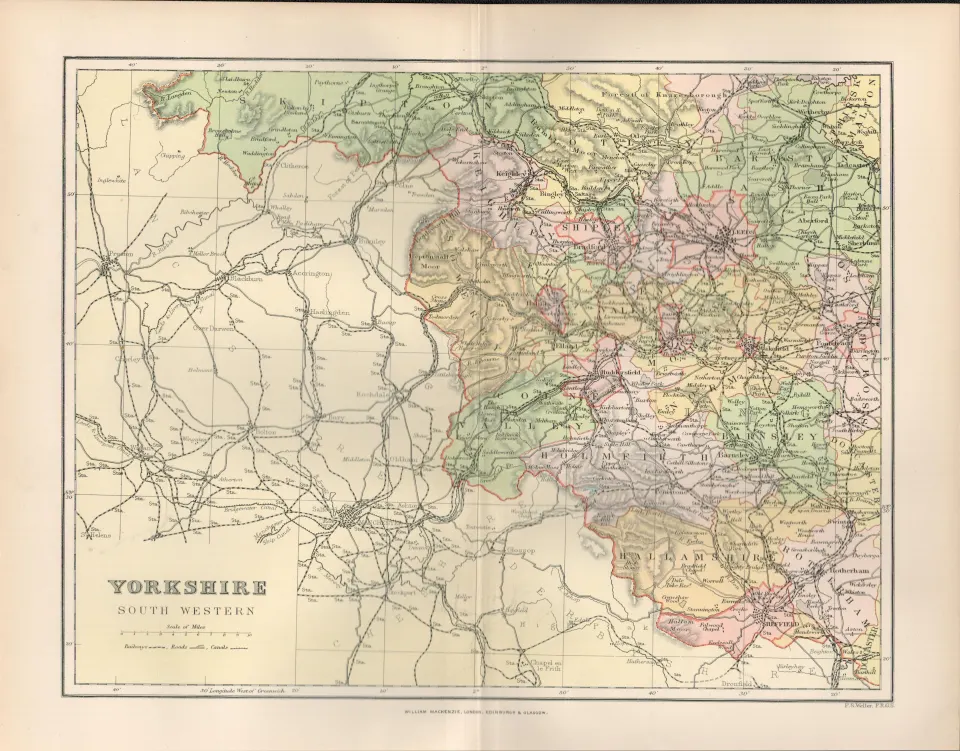 Yorkshire Holmfirth Halifax Elland Skipton 1894 Coloured Antique Map.