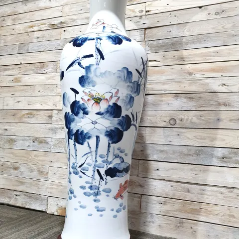 Huge Chinese Ceramic Floor Standing Vase 1.2m Tall x 41cm approx. Solid rose wood plinth . Rrp £1299