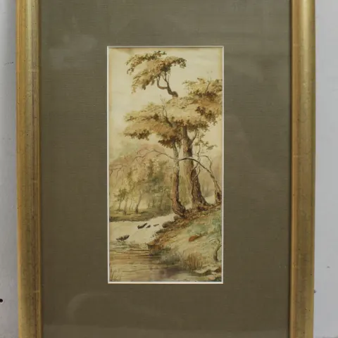 Early 20th c.  Watercolour Tree by River Bank
