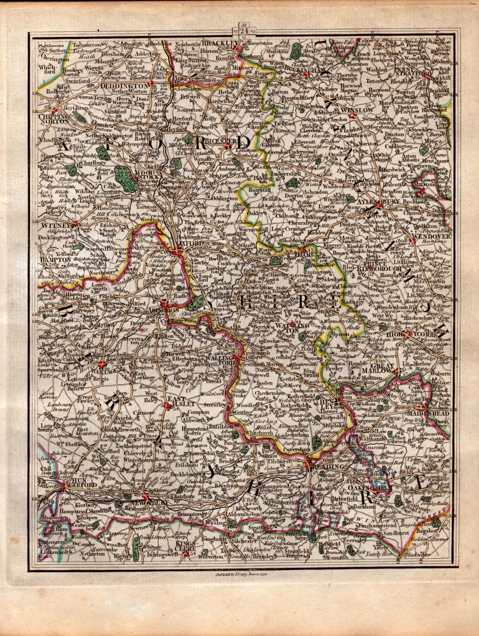 Reading Newbury Oxford Woodstock Wendover John Cary's Map of 1794.