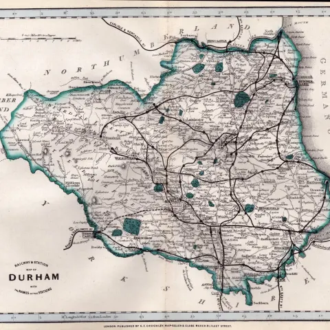 County Durham  Cruchley Scarce Antique Railways & Stations Coloured Map.