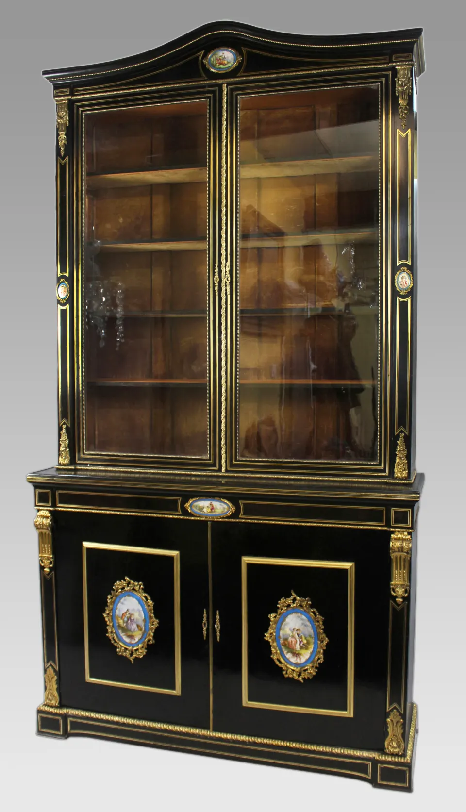 French Brass Inlaid Ebonized Bookcase with Sevres Plaques c.1820