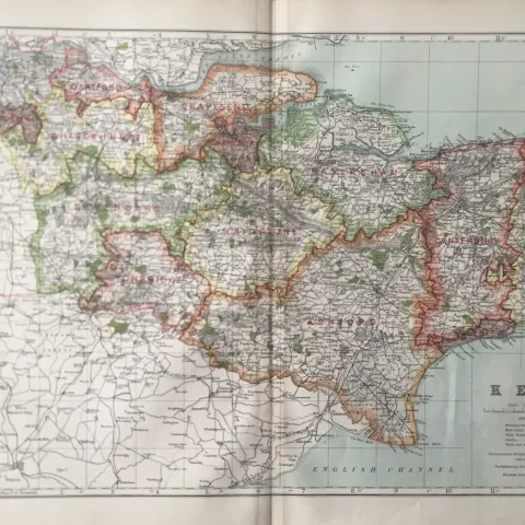 Bacons Rare Vintage c1926 Map Kent Canterbury Dover Ashford Maidstone.