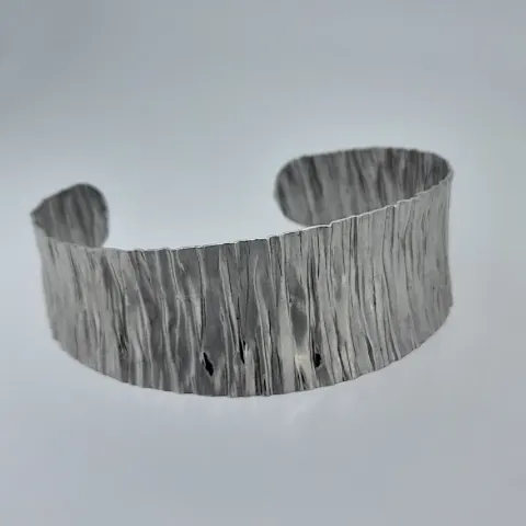 Silver Cuff Bangle Contemporary Curved Ribbed Detail