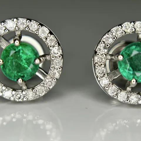 Beautiful 0.53ct Natural Emerald Halo Set Stud Earrings, Diamonds In Platinum 950