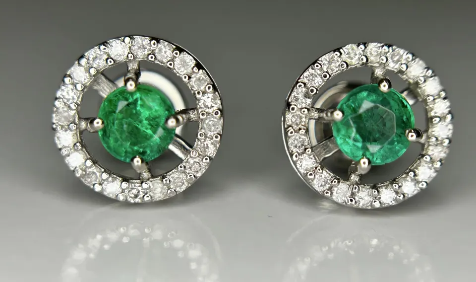 Beautiful 0.53ct Natural Emerald Halo Set Stud Earrings, Diamonds In Platinum 950