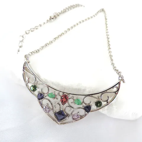 925 Silver Multi-Colour Gemstone Necklace 13 Grams 'New'