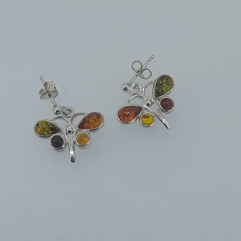 Silver butterfly earrings set with multi colour natural amber