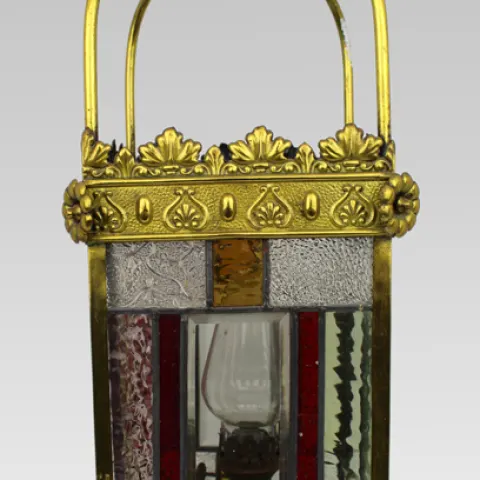 Victorian Arts & Crafts Stained Glass Oil Lamp Hall Lantern