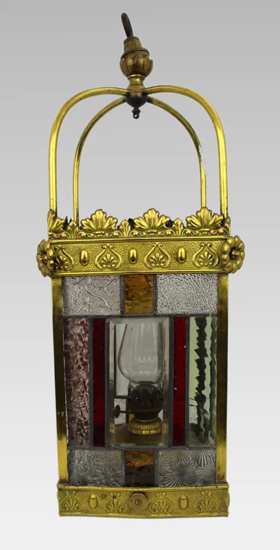 Victorian Arts & Crafts Stained Glass Oil Lamp Hall Lantern